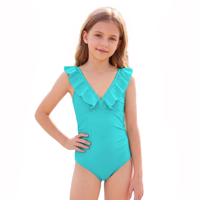 Girls One Piece Swimsuit Ruffle V Neck Adjustable Straps Bathing Suit for 7-16Y