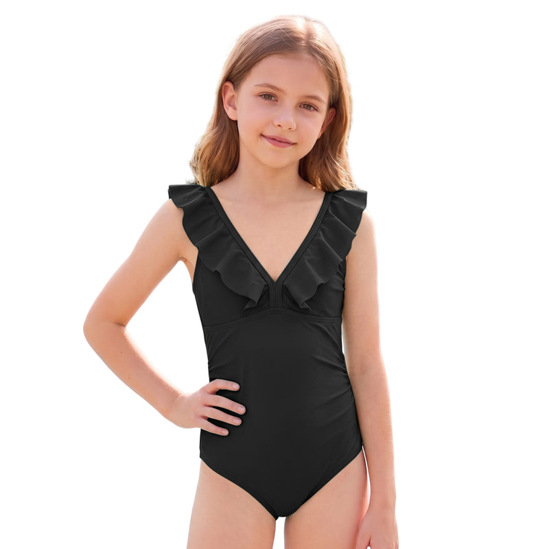 Girls One Piece Swimsuit Ruffle V Neck Adjustable Straps Bathing Suit for 7-16Y