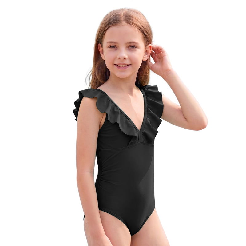 Girls One Piece Swimsuit Ruffle V Neck Adjustable Straps Bathing Suit for 7-16Y