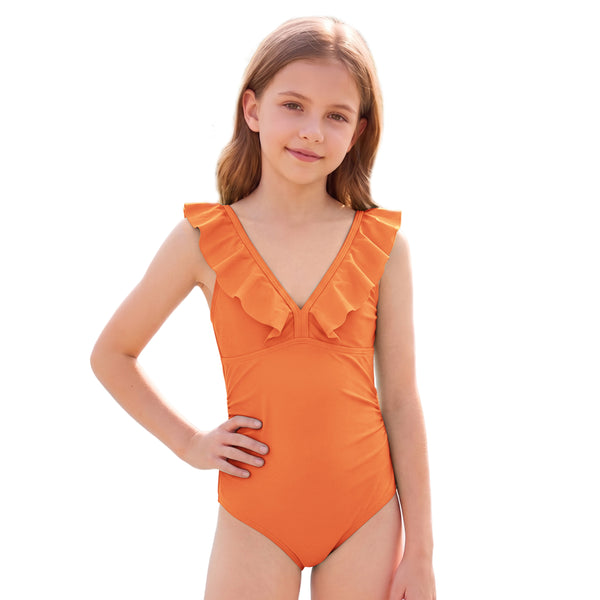 Girls One Piece Swimsuit Ruffle V Neck Adjustable Straps Bathing Suit for 7-16Y