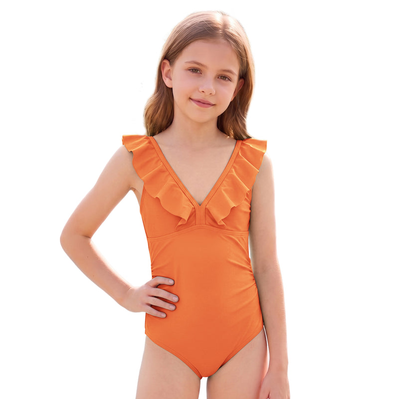 Girls One Piece Swimsuit Ruffle V Neck Adjustable Straps Bathing Suit for 7-16Y