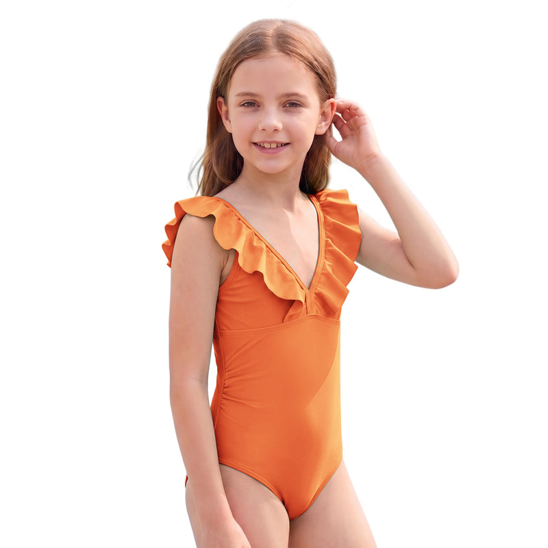 Girls One Piece Swimsuit Ruffle V Neck Adjustable Straps Bathing Suit for 7-16Y