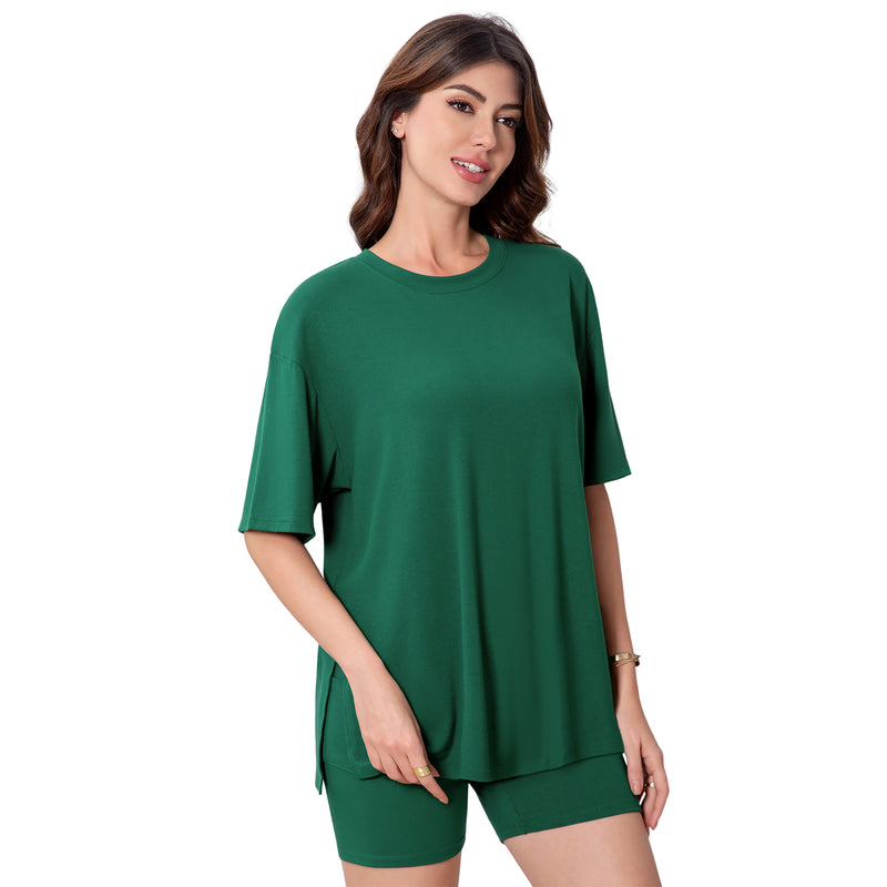 Women Crew Neck Side Slit Short Sleeve Top Lounge Shorts 2 Piece Pajama Set With Side Pocket