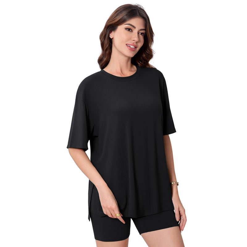 Women Crew Neck Side Slit Short Sleeve Top Lounge Shorts 2 Piece Pajama Set With Side Pocket
