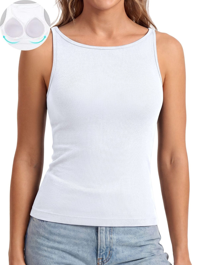 Anferry Women Ribbed Seamless Workout Tank Top with Built in Bra, Slim Fit Boat Neck Sports Vest for Yoga Pilates Running Casual Home Wear