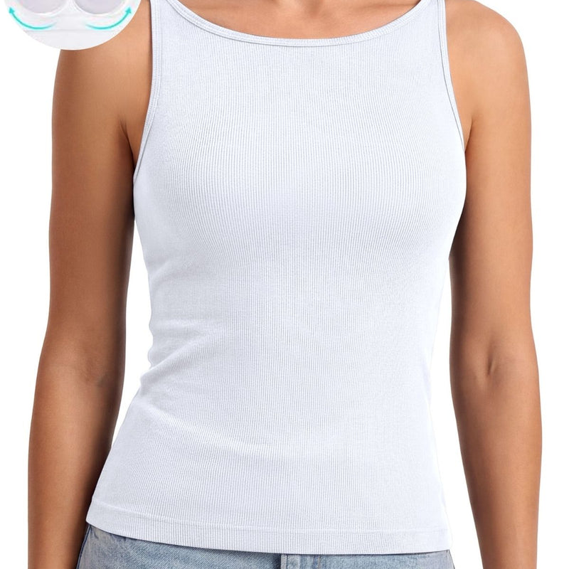Anferry Women Ribbed Seamless Workout Tank Top with Built in Bra, Slim Fit Boat Neck Sports Vest for Yoga Pilates Running Casual Home Wear