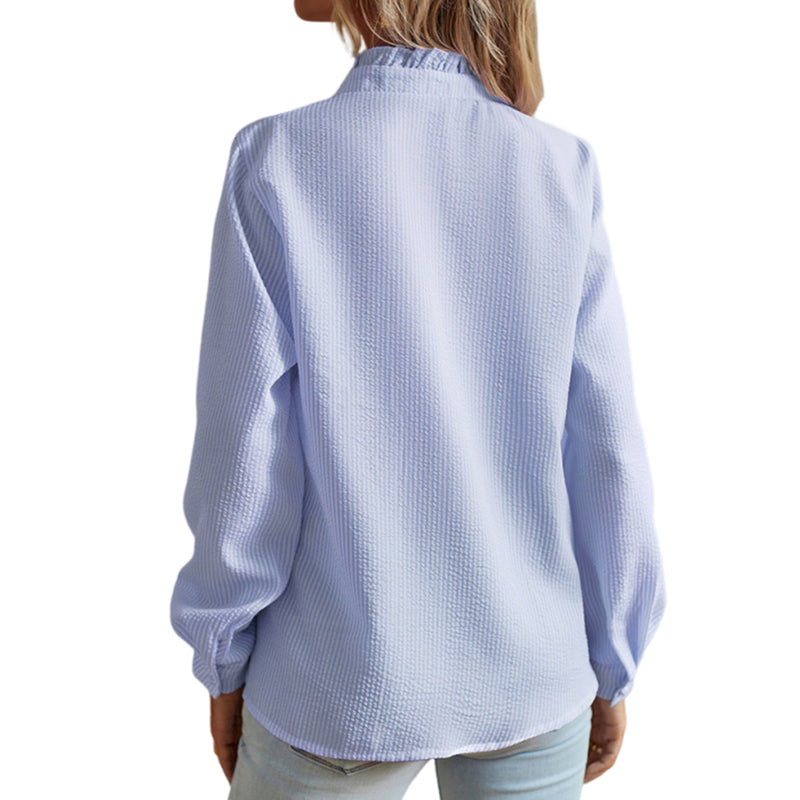 Women Striped Ruffle Trim Long Sleeve Button Down Blouse