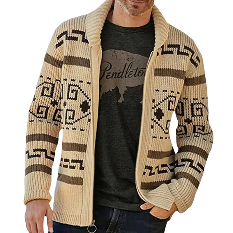 Men Geometric Pattern Zip Up Cardigan Shawl Collar Long Sleeve Knit Sweater Jacket