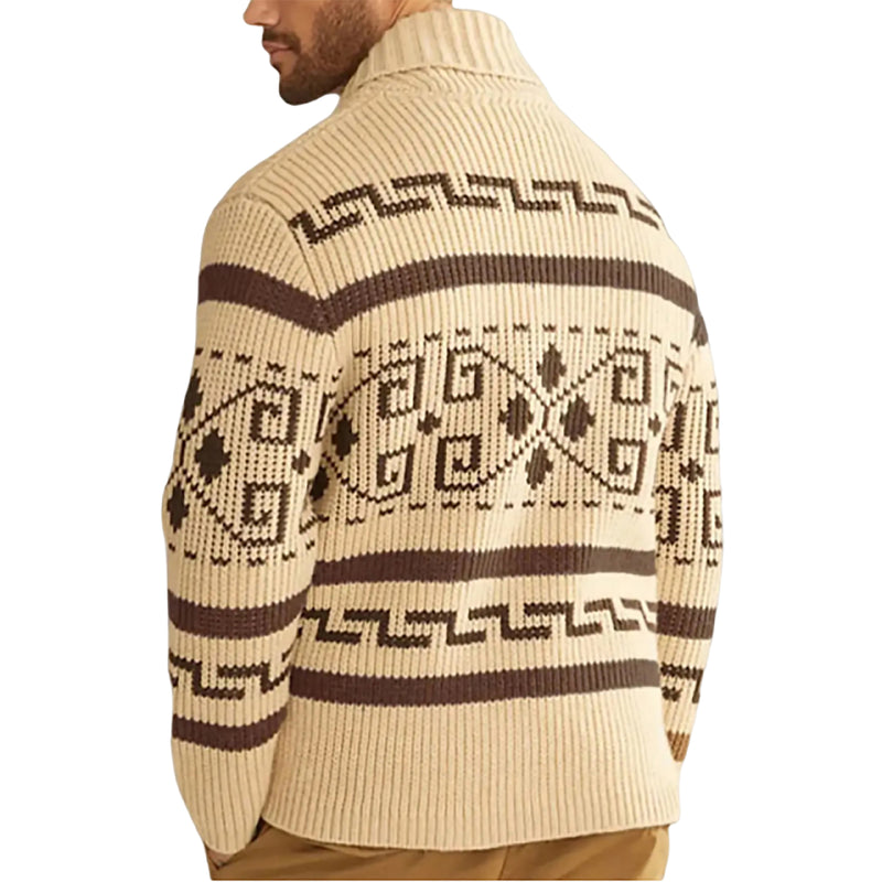Men Geometric Pattern Zip Up Cardigan Shawl Collar Long Sleeve Knit Sweater Jacket
