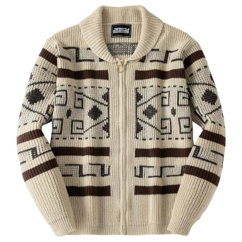 Men Geometric Pattern Zip Up Cardigan Shawl Collar Long Sleeve Knit Sweater Jacket