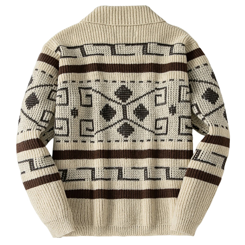 Men Geometric Pattern Zip Up Cardigan Shawl Collar Long Sleeve Knit Sweater Jacket