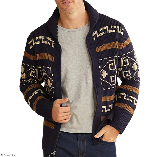 Men Geometric Pattern Zip Up Cardigan Shawl Collar Long Sleeve Knit Sweater Jacket