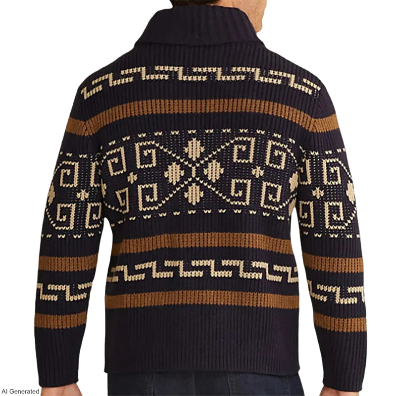 Men Geometric Pattern Zip Up Cardigan Shawl Collar Long Sleeve Knit Sweater Jacket