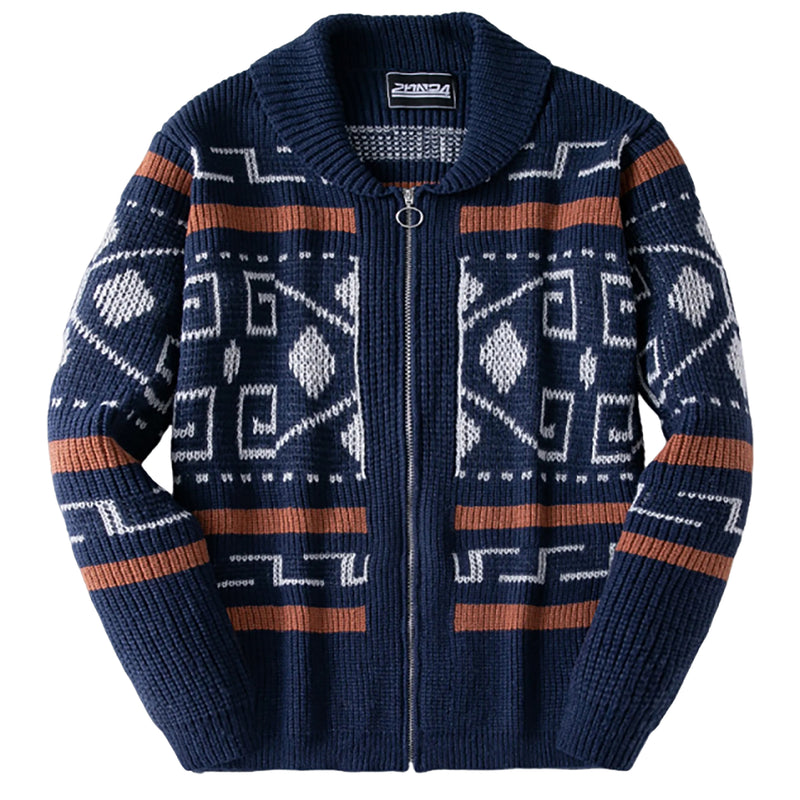 Men Geometric Pattern Zip Up Cardigan Shawl Collar Long Sleeve Knit Sweater Jacket