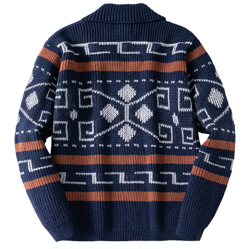 Men Geometric Pattern Zip Up Cardigan Shawl Collar Long Sleeve Knit Sweater Jacket