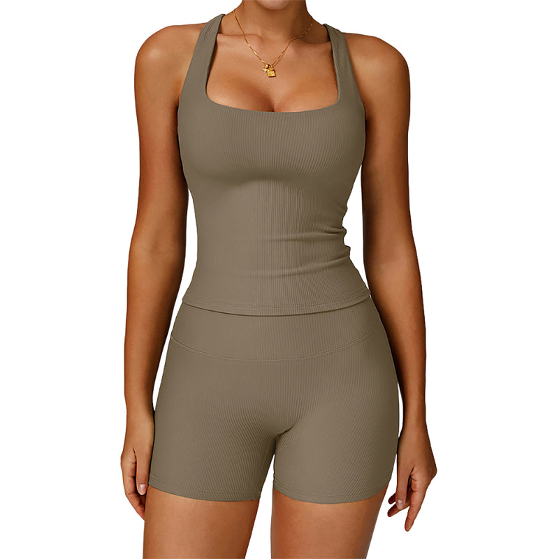 Women Ribbed Tank Top Shorts 2 Piece Workout Set Removable Pads Yoga Athletic Outfit