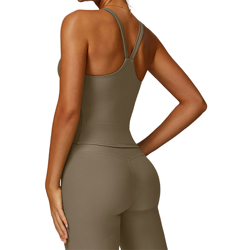 Women Ribbed Tank Top Shorts 2 Piece Workout Set Removable Pads Yoga Athletic Outfit