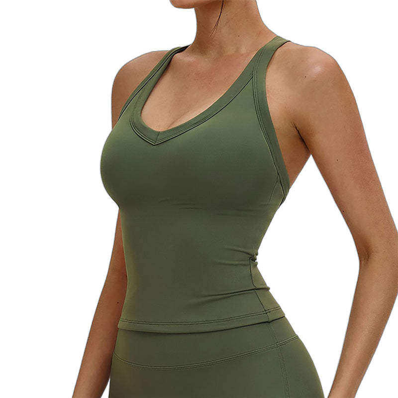 Women V Neck Criss Cross Back Slim Workout Tank Top With Built In Removable Padded Bra