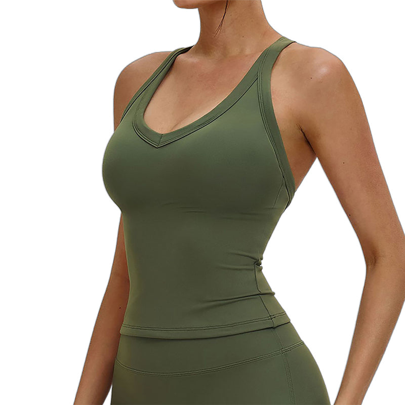 Women V Neck Criss Cross Back Slim Workout Tank Top With Built In Removable Padded Bra
