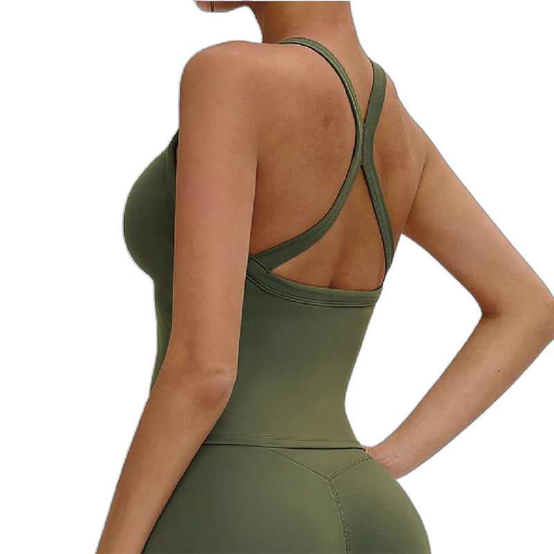 Women V Neck Criss Cross Back Slim Workout Tank Top With Built In Removable Padded Bra
