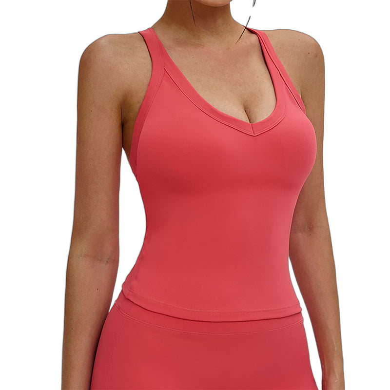 Women V Neck Criss Cross Back Slim Workout Tank Top With Built In Removable Padded Bra