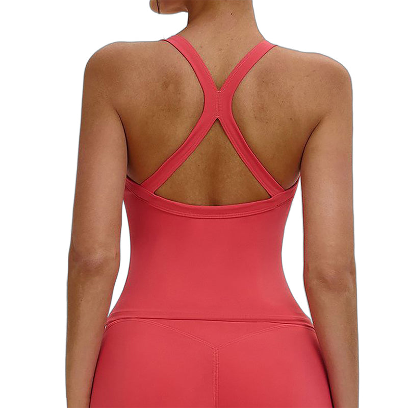 Women V Neck Criss Cross Back Slim Workout Tank Top With Built In Removable Padded Bra