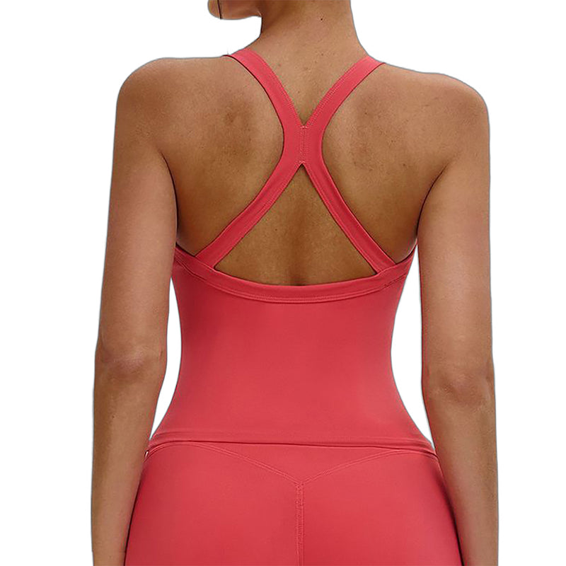 Women V Neck Criss Cross Back Slim Workout Tank Top With Built In Removable Padded Bra