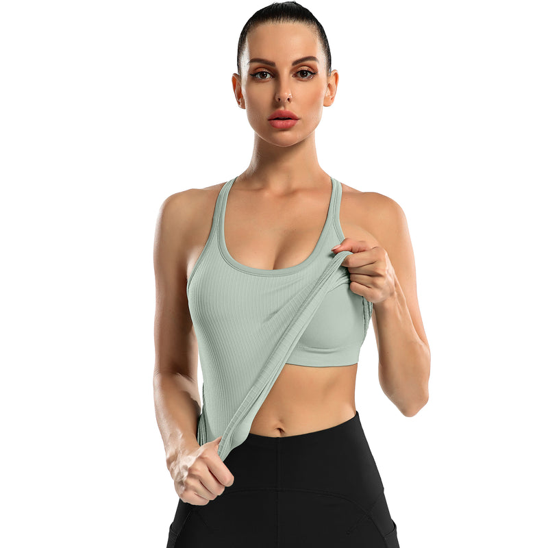 Women's Ribbed Racerback Built-in Bra Seamless Workout Tank Top