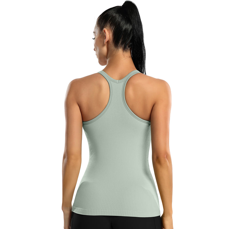 Women's Ribbed Racerback Built-in Bra Seamless Workout Tank Top