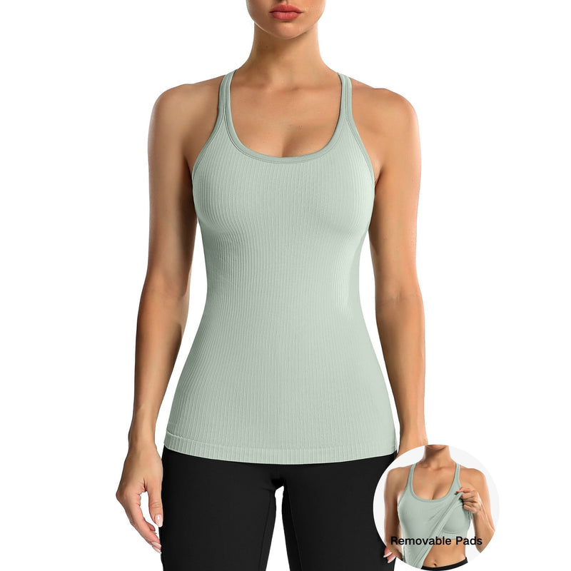 ANFERRY Women's Ribbed Workout Tank Tops with Built in Bra Racerback Athletic Top