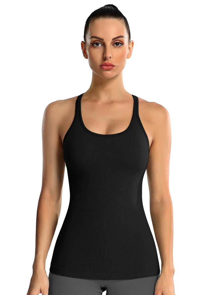 Women's Ribbed Racerback Built-in Bra Seamless Workout Tank Top