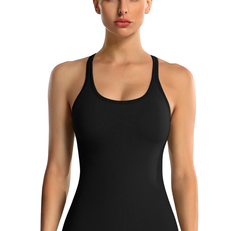 Women's Ribbed Racerback Built-in Bra Seamless Workout Tank Top