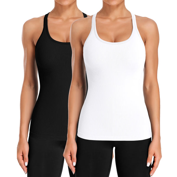 2 Pack Women Long Length Seamless Ribbed Racerback Workout Tank Top With Built In Bra