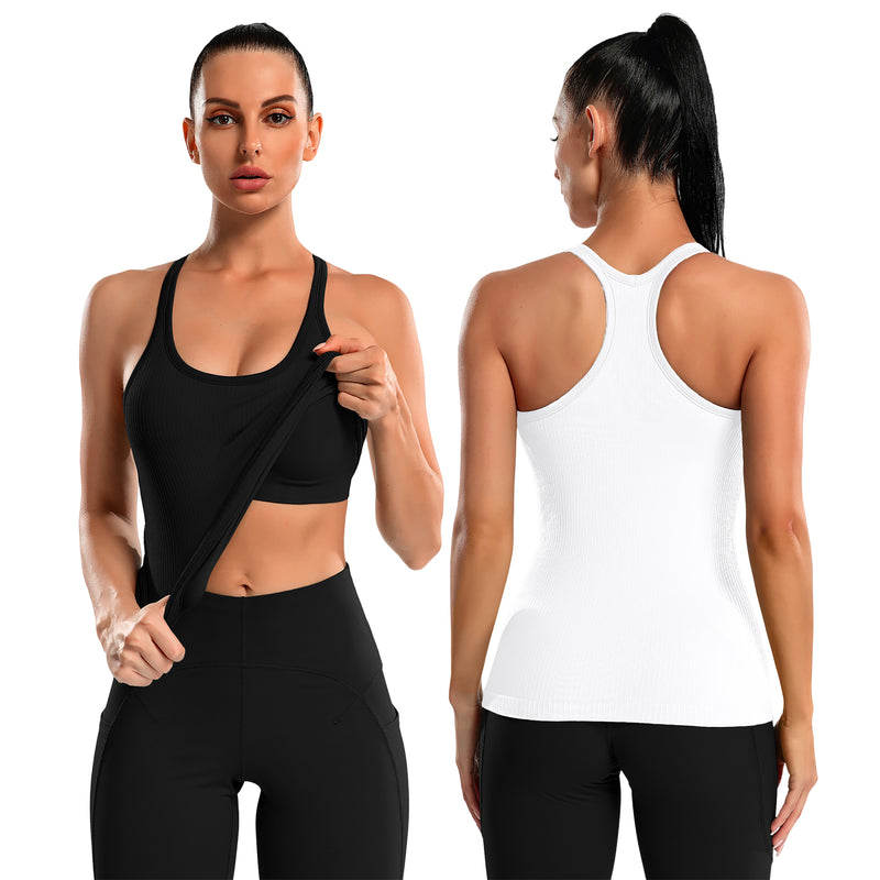 2 Pack Women Long Length Seamless Ribbed Racerback Workout Tank Top With Built In Bra