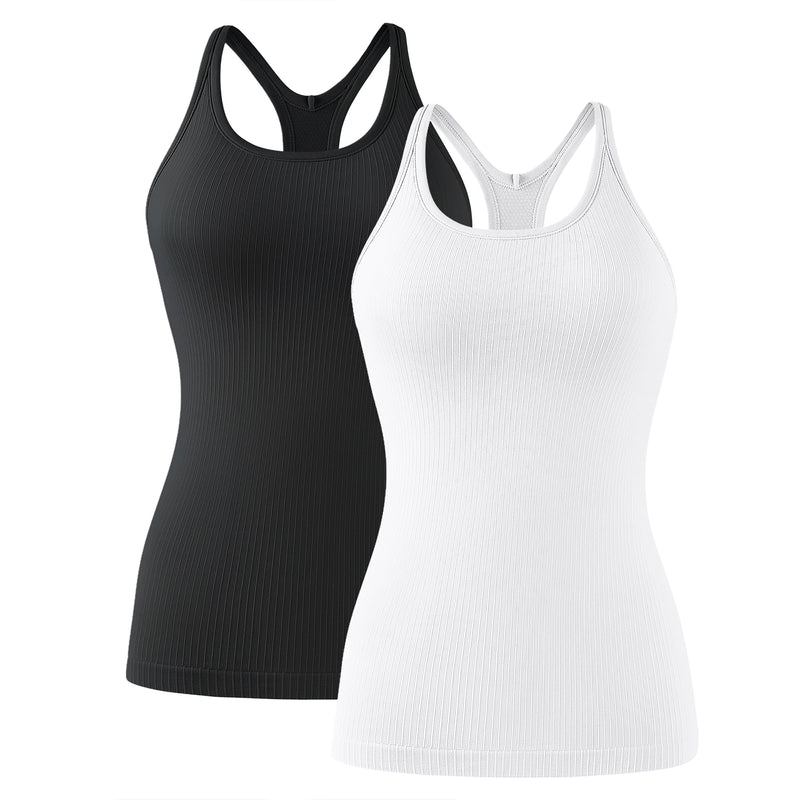2 Pack Women Long Length Seamless Ribbed Racerback Workout Tank Top With Built In Bra