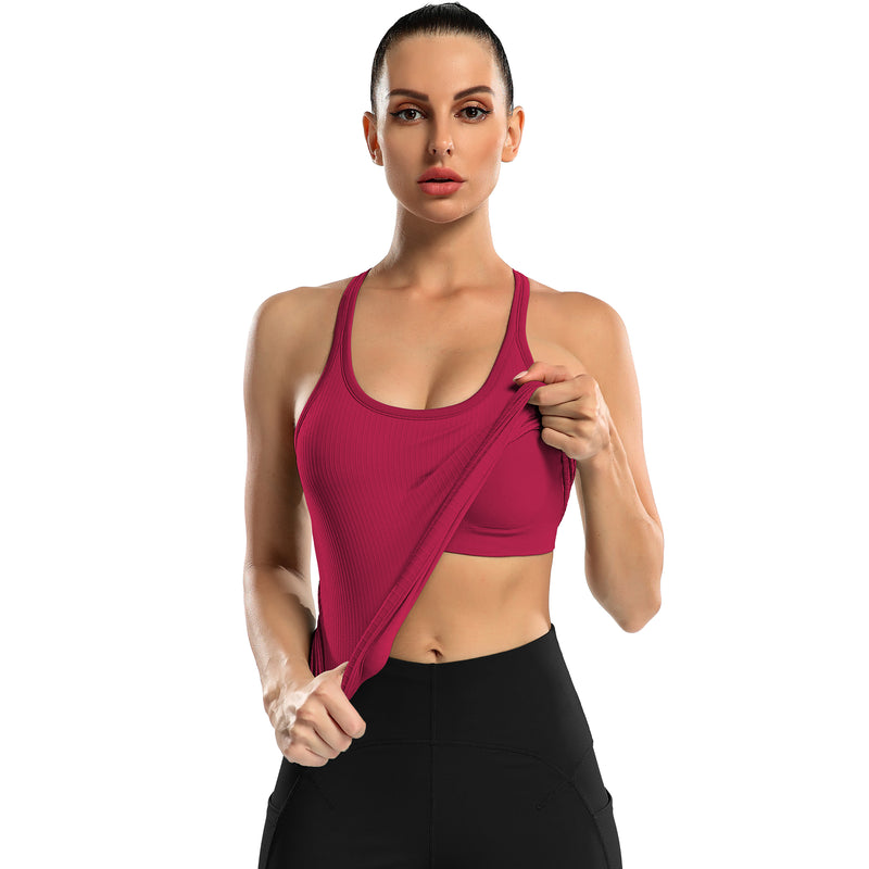Women's Ribbed Racerback Built-in Bra Seamless Workout Tank Top