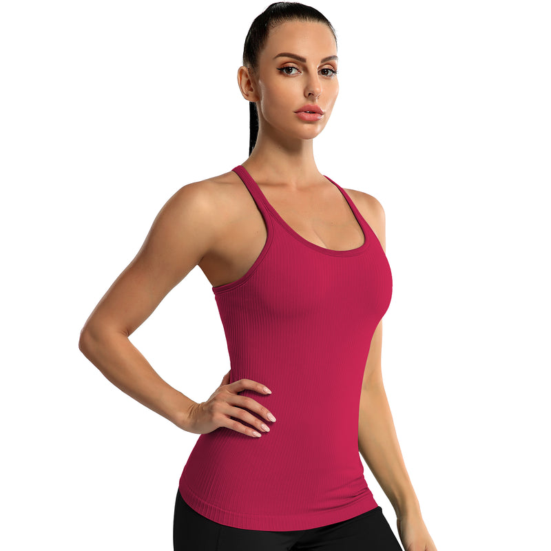 Women's Ribbed Racerback Built-in Bra Seamless Workout Tank Top