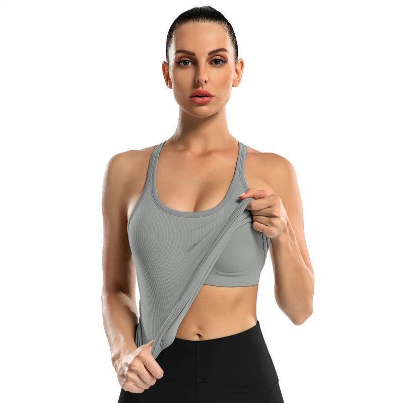 Women's Ribbed Racerback Built-in Bra Seamless Workout Tank Top