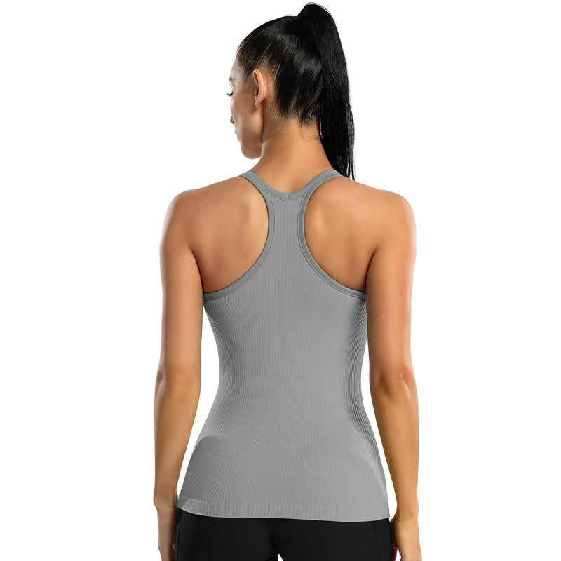 Women's Ribbed Racerback Built-in Bra Seamless Workout Tank Top