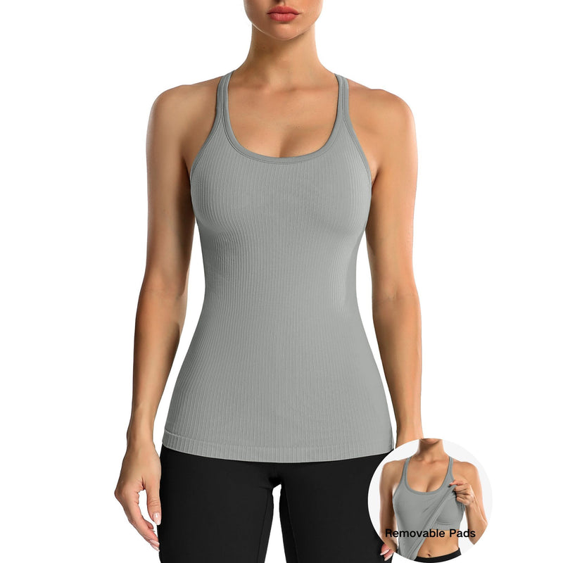 ANFERRY Women's Ribbed Workout Tank Tops with Built in Bra Racerback Athletic Top