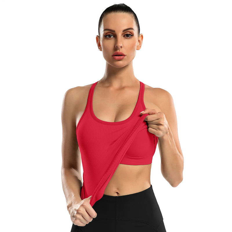 Women's Ribbed Racerback Built-in Bra Seamless Workout Tank Top
