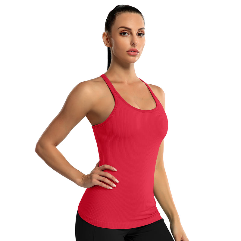Women's Ribbed Racerback Built-in Bra Seamless Workout Tank Top