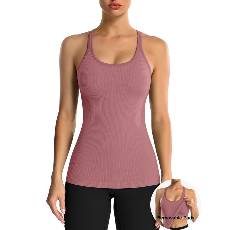 ANFERRY Women's Ribbed Workout Tank Tops with Built in Bra Racerback Athletic Top