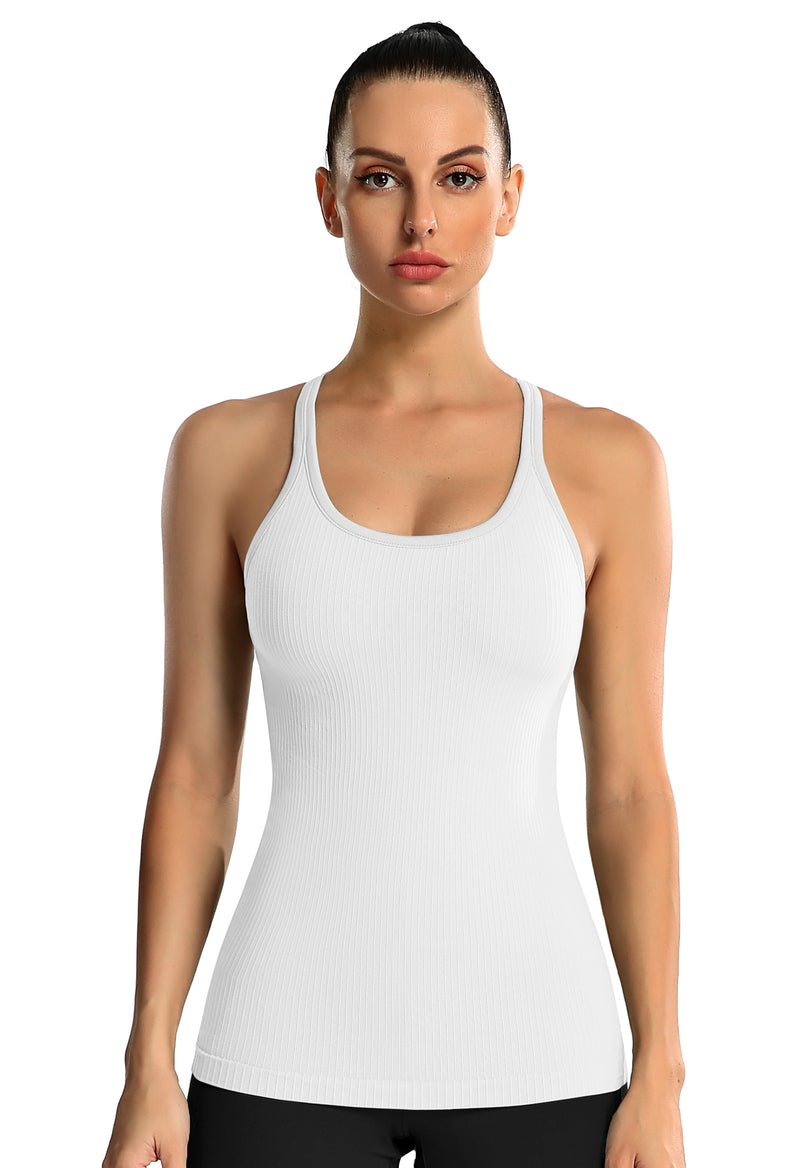 Women's Ribbed Racerback Built-in Bra Seamless Workout Tank Top