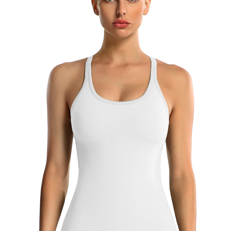 Women's Ribbed Racerback Built-in Bra Seamless Workout Tank Top