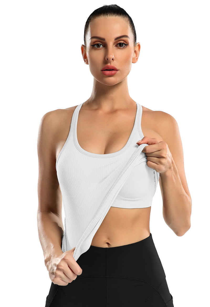 Women's Ribbed Racerback Built-in Bra Seamless Workout Tank Top