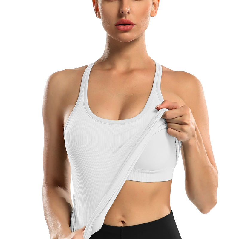 Women's Ribbed Racerback Built-in Bra Seamless Workout Tank Top