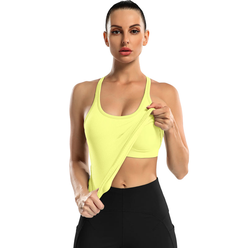 Women's Ribbed Racerback Built-in Bra Seamless Workout Tank Top