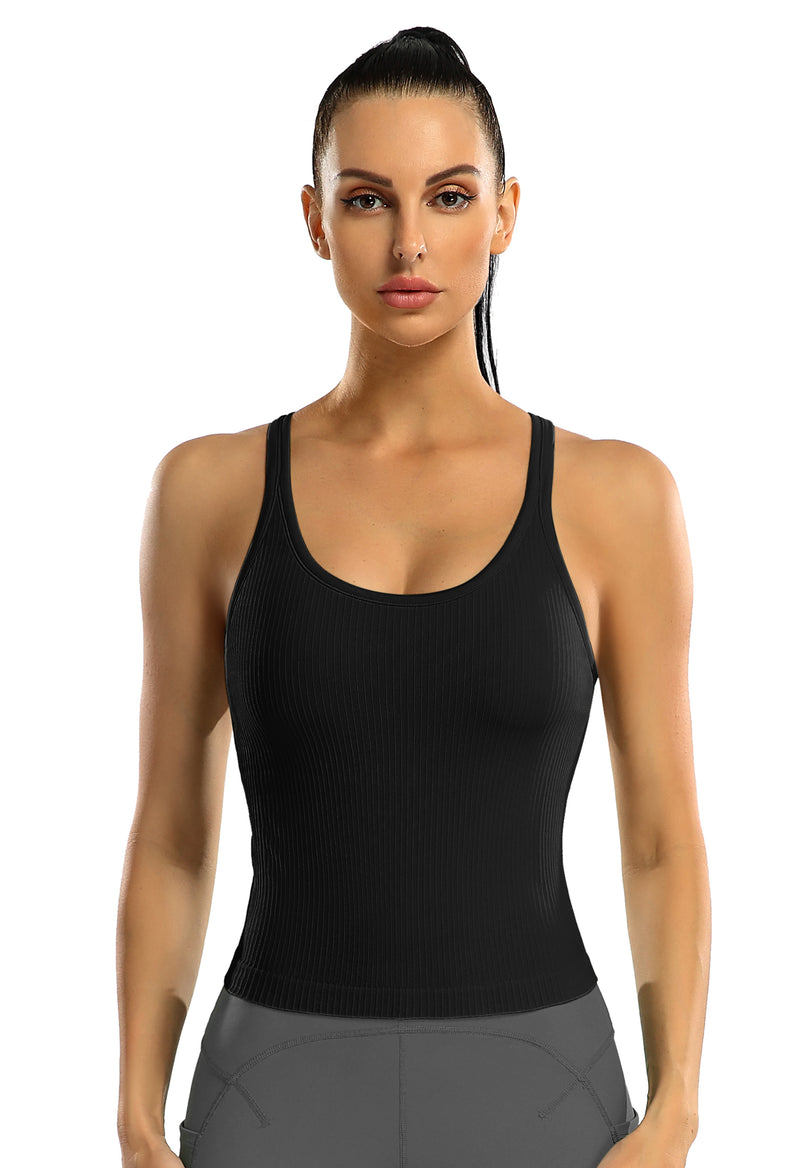 Women's Ribbed Racerback Cropped Built-in Bra Workout Tank Top