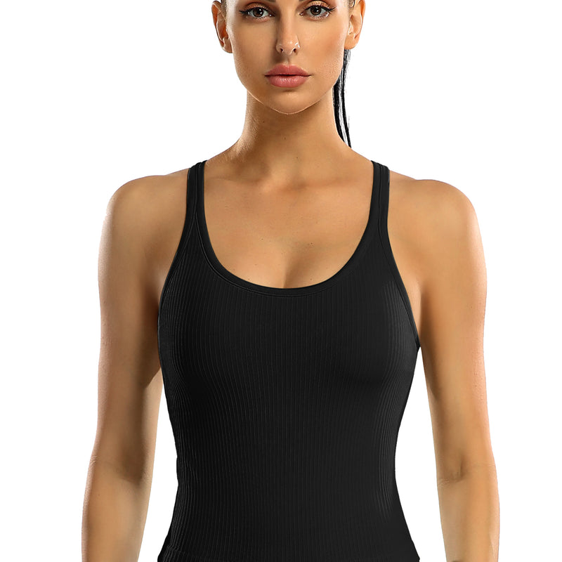 Women's Ribbed Racerback Cropped Built-in Bra Workout Tank Top